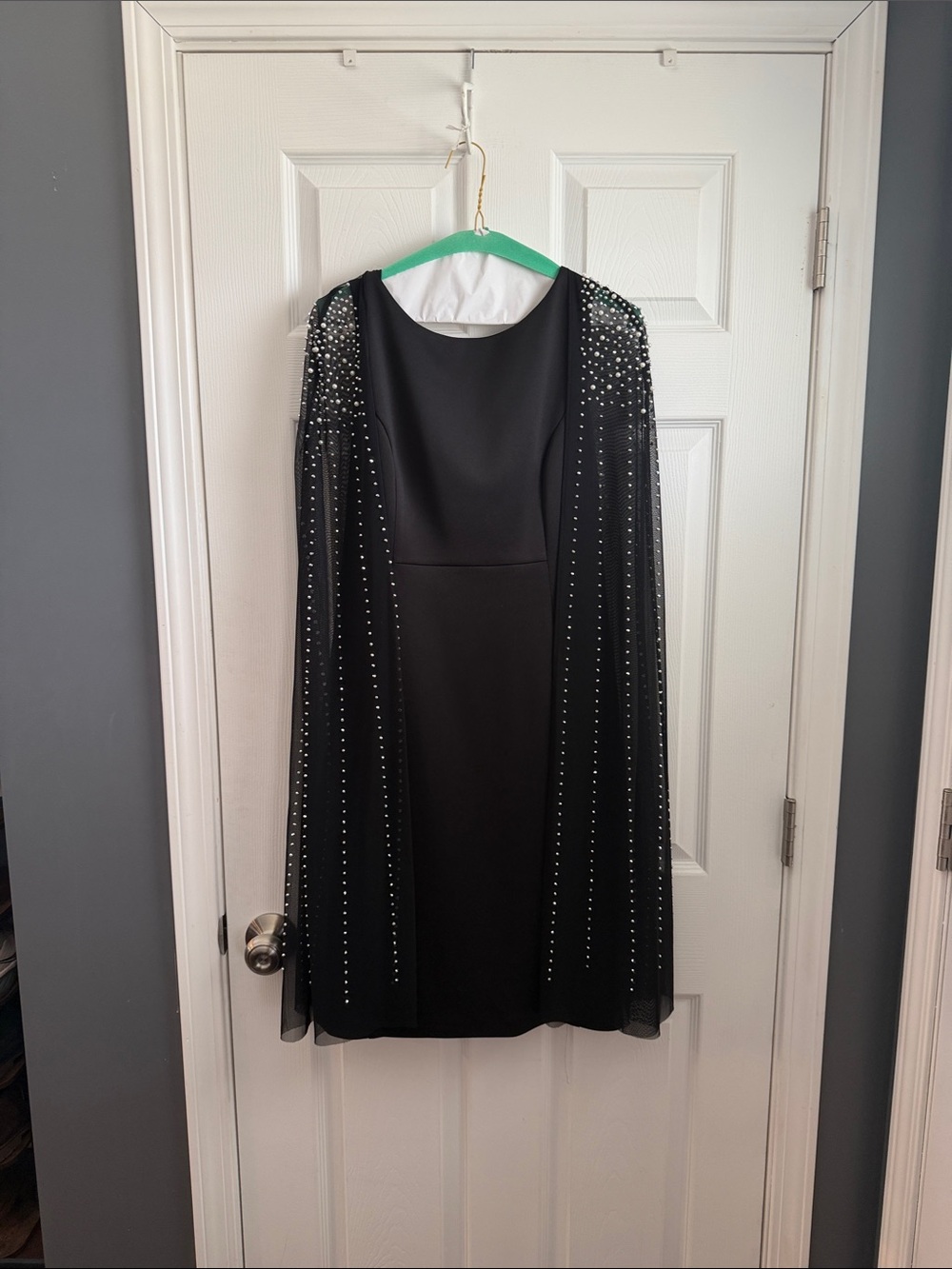 Frank Lyman Design Black Midi Dress with Studded Cape